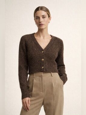 Vince 100% Cashmere Chocolate Brown Speckled Cropped Cardigan Luxury Sweater L
